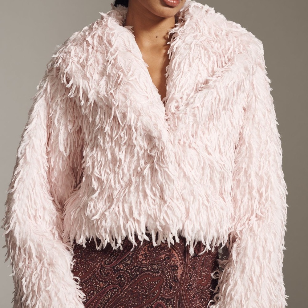 Anthropologie Pink Faux Feather Statement Teddy Jacket Coat Shaggy Fuzzy Cozy - Picture 4 of 8